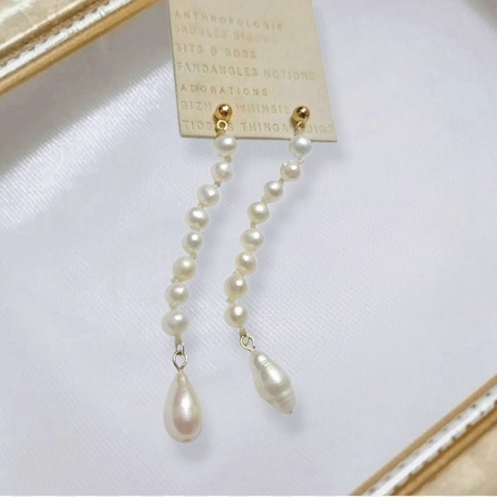 Anthropologie Long Gold Pearl Earrings